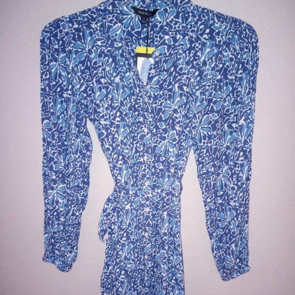 Well Worn Women's Size Small Blue Crepe Tie-Belt Long Sleeves Button Dress NWT - Picture 2 of 5